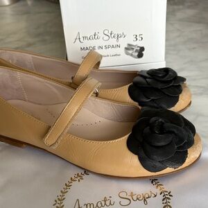 Tan Leather Mary Jane Flats with Black Floral Accent